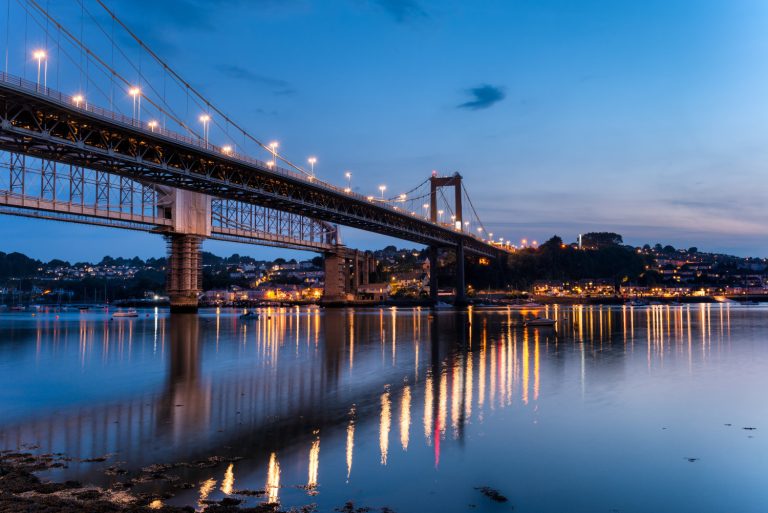 The Tamar Bridge a suspension bridge spanning the estuary of the river Tamar between Plymouth in Devon and Saltash in Cornwall, looking towards Cornwall.